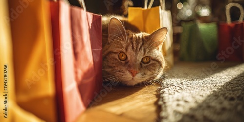 Wallpaper Mural Curious ginger domestic cat hiding low between colorful shopping bags on sunlit wooden floor next to soft carpet in cozy home interior, playful consumer lifestyle concept Torontodigital.ca