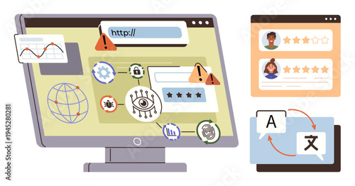 Internet safety, cybersecurity, data privacy, misinformation, content translation, online reviews. Computer monitor displaying alerts, icons for data security and translation tools. Cybersecurity