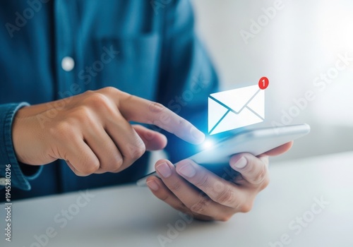 Person using smartphone with email notification on screen in hand
