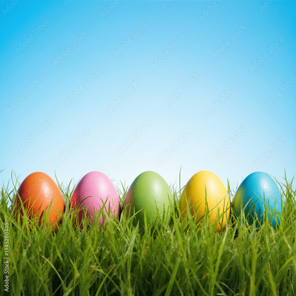 Fototapeta premium Colorful Easter Eggs Lined up in Grass Against a Clear Blue Sky Background