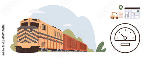 Logistics, transportation, cargo management, delivery efficiency, supply chain, freight train speed. A freight train with carriage, map and speed indicator. Logistics and transportation concepts