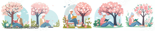 vector of a grandmother reading a book under a flowering tree in spring