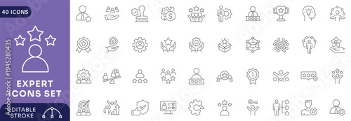 Expert icon set. Containing competence, skill, specialist, experience, expertise, knowledge, advice,  Etc . Editable stroke.