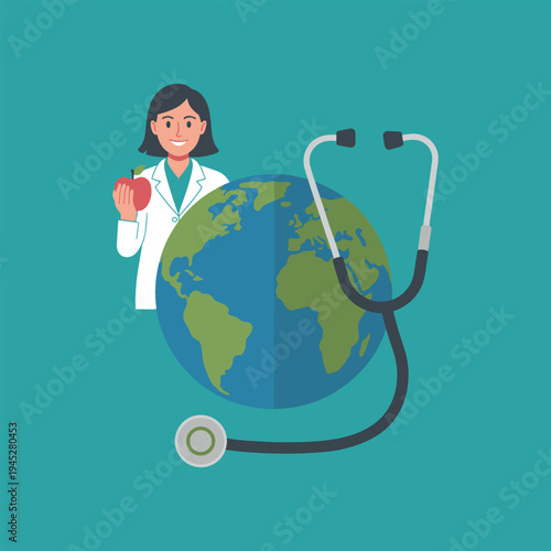 Female Doctor Checking Planet Earth with Stethoscope – Global Healthcare and World Health Concept Illustration