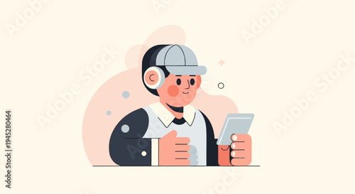 Young person with headphones and cap smiles while looking at phone