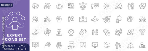 Expert icon set. Containing competence, skill, specialist, experience, expertise, knowledge, advice,  Etc . Editable stroke.