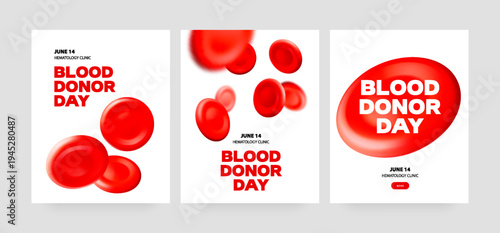 3D blood red cells banner set. World Blood Donor Day. Realistic vector illustration. Healthcare, hospital, clinic, laboratory, emergency design concept