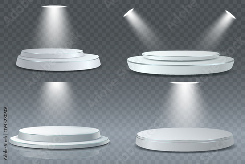 White round podium stage set with spotlights for product display transparent background.