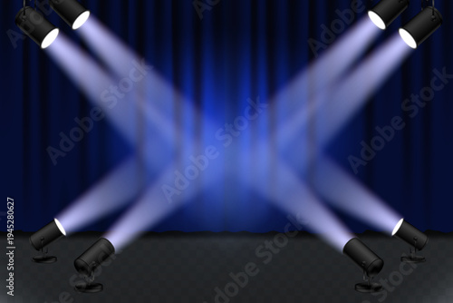 Stage spotlights shining on blue theater curtain for concert show transparent background.