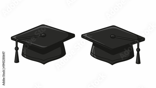 Two black graduation caps with tassels shown side by side
