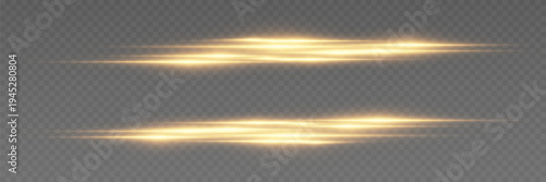 Golden glowing light streak trails with motion blur effect on transparent background.
