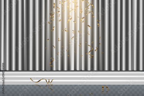 Silver theater curtain stage with falling golden confetti ribbons for celebration transparent background.
