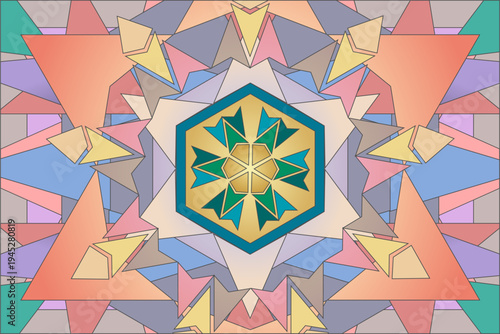 Colorful geometric fractal pattern composed of layered polygons and triangular shapes arranged in radial symmetry.