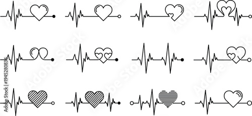Heartbeat Line and Heart Icon Set Representing Cardiology, Love, Health Monitoring, ECG Pulse Signal and Medical Care