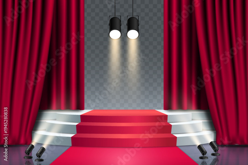 Red carpet award ceremony stage with theater curtains stairs and spotlights on transparent background.