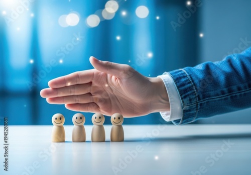 A persons hand reaching out to protect a group of small wooden figures on a table in a blue room