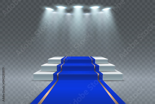 Blue carpeted award stage podium with stairs and overhead spotlights on transparent background.