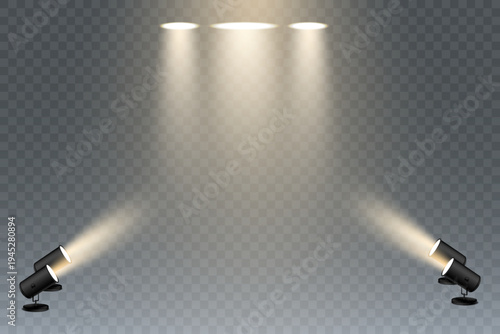 Stage spotlights casting golden beams from floor and ceiling for dramatic event lighting transparent background.