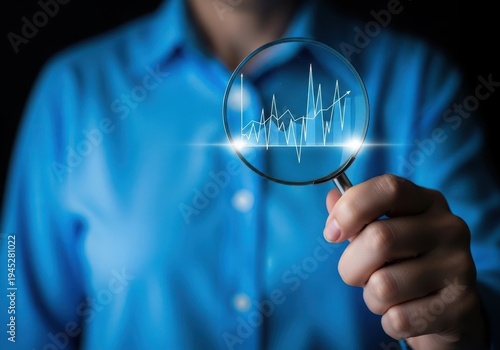 Businessman analyzing data with a magnifying glass in hand closely