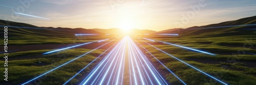 Vibrant sunset over a green field with radiant light streaks moving forward