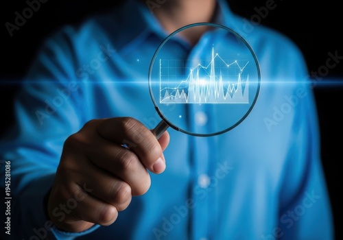 Businessman analyzing data with magnifying glass and glowing graph chart