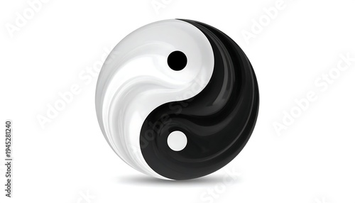 A 3D illustration of the yin and yang symbol. The black and white areas swirl around a circular center. Shadow under