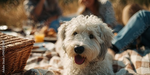 Wallpaper Mural Happy fluffy labradoodle dog lying on checkered picnic blanket near wicker basket, blurred young friends relaxing on grass in warm afternoon sun, friendly weekend gathering atmosphere Torontodigital.ca