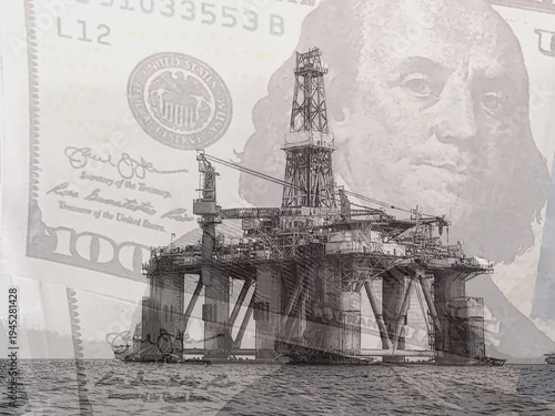 Global energy market investment concept with oil rig and gas platform silhouette, a US hundred-dollar bill background, petrodollar and energy finance and industrial wealth.