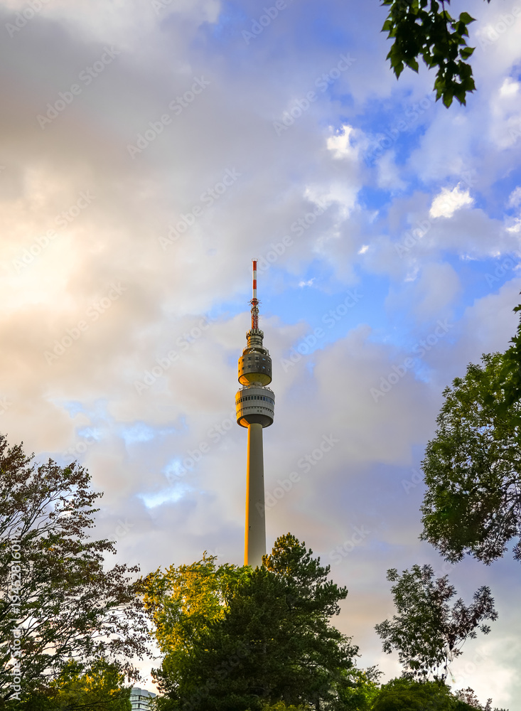 Naklejka premium View of the Florianturm in Dortmund. The city's observation and television tower. Landmark in Westfalenpark. 