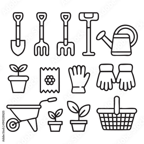 Black and white line of gardening tools and plants in a grid layout shovel rake 1