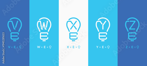 Set of initials letter VE, WE, XE, YE, and ZE lightbulb shape simple linear logo design. VE WE XE YE ZE monogram technology business company symbol logo icon sign collection