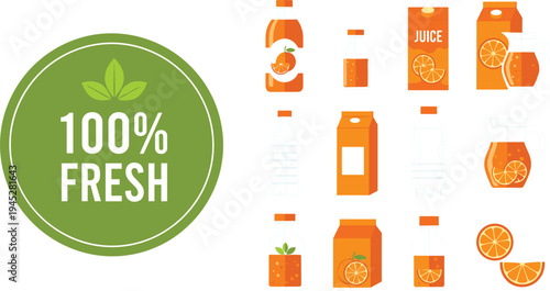 Fresh Orange Juice Packaging Set Featuring Bottles, Cartons, Jars, and a Pitcher with 100% Fresh Label
