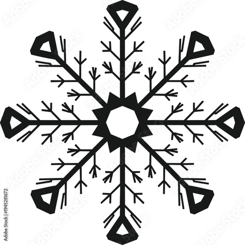 Black silhouette of a decorative crystalline snowflake icon isolated on white background for winter holiday season Christmas and frozen nature