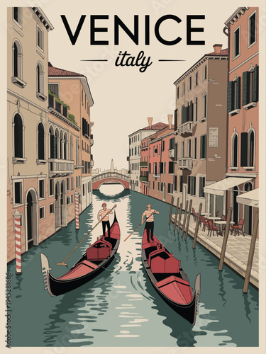Italy Venice Wall Art Print, Vintage-Inspired Poster Featuring Bold Black Letters, Cursive Script, and Pastel-Colored Architecture