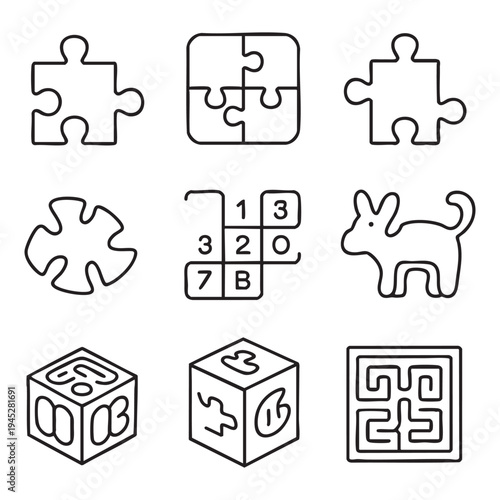 Black and white line of puzzle pieces, dice, and a dog line puzzle pieces geometric shapes