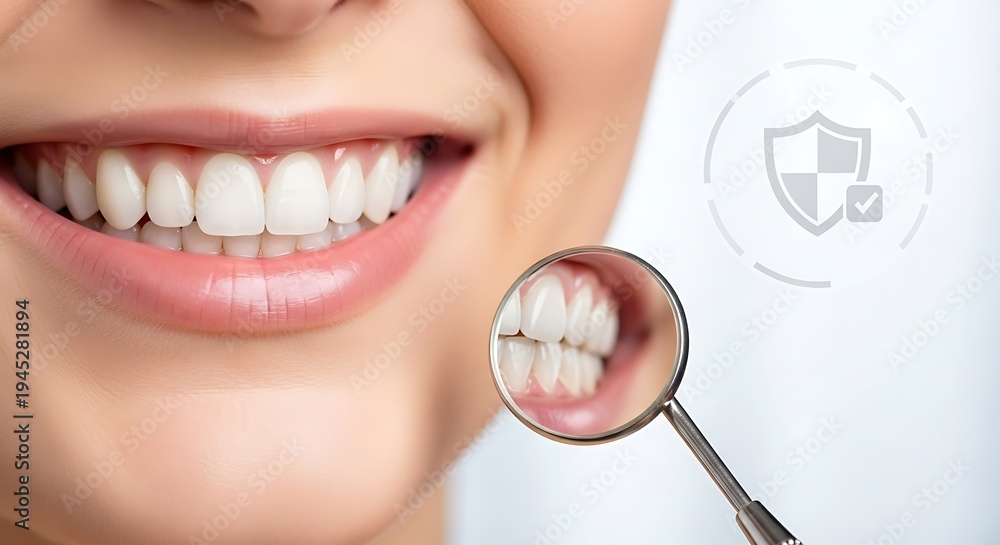 Naklejka premium Smiling woman with dental mirror showing healthy white teeth