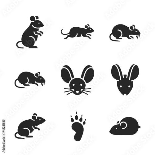 Mouse bold icon set in black, featuring various poses like standing, running, and eating, with head profiles and a paw print.