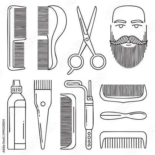 Black and white of grooming tools and a bearded face comb scissors hairbrush razor