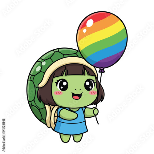Happy animated turtle girl character celebrates with a bright rainbow balloon