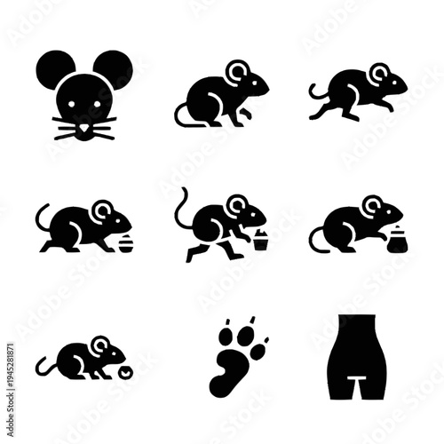 Mouse bold icon set in black, featuring various poses like running and eating, with head profiles, food items, and an abstract human torso.