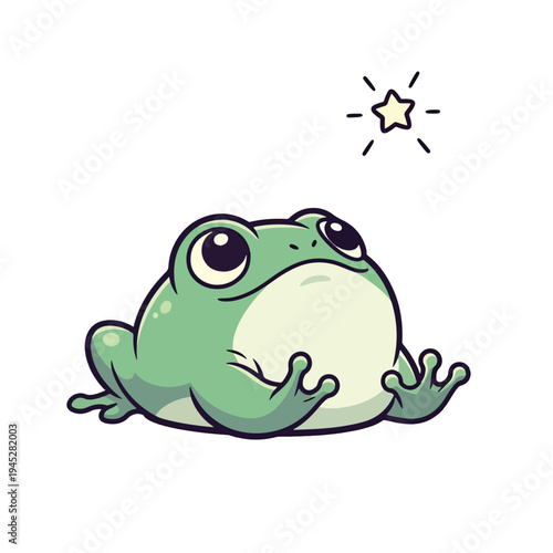 Curious cartoon frog character gazing at a sparkling star in a whimsical illustration