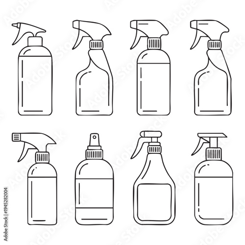 Eight different spray bottles with trigger sprayers in a line up cleaning bottle liquid container