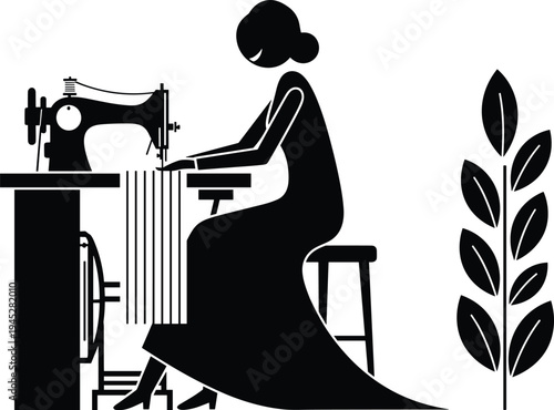 Black silhouette of a woman sitting and working on a vintage sewing machine tailoring fabric isolated on white background,