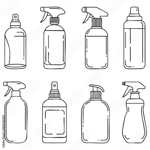 Eight different spray bottles with various shapes and spray nozzles in a line sprayer