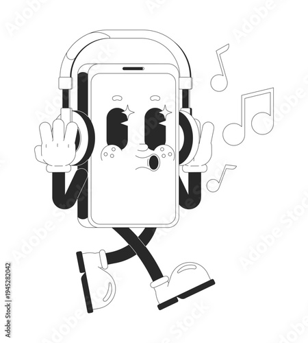 Music lover smartphone outline groovy mascot character. Headphones listening mobile phone. Anthropomorphic gadget in rubber hose style. Black and white vector illustration. Personage with funky vibe