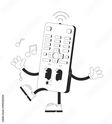 TV remote control dancing quirky outline groovy mascot character. Channel switching. Anthropomorphic gadget in rubber hose style. Black and white vector illustration. Personage with funky vibe