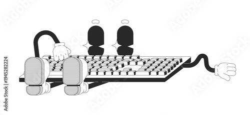 Computer keyboard typing outline groovy mascot character. Data entry. Neubrutalism. Anthropomorphic gadget in rubber hose style. Black and white vector illustration. Personage with funky vibe