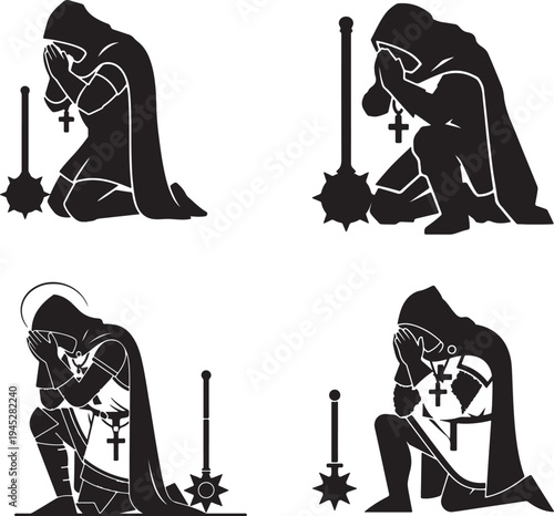 Minimal Flat Vector Silhouette of Kneeling Crusader Knight in Prayer with Morning Star Mace, Medieval Warrior Religious Symbol, Black EPS Graphic Isolated on Transparent Background