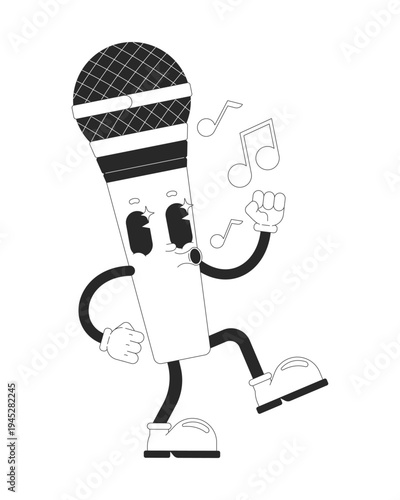 Microphone singing dancing outline groovy mascot character. Karaoke song. Vocal mic. Anthropomorphic gadget in rubber hose style. Black and white vector illustration. Personage with funky vibe