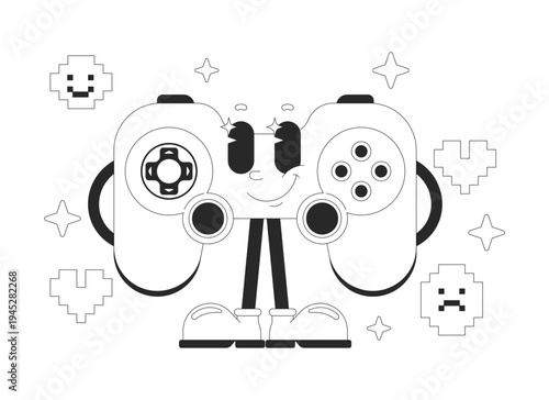 Cheerful game controller standing proudly outline groovy mascot character. Gamepad videogame. Anthropomorphic gadget rubber hose style. Black and white vector illustration. Personage with funky vibe